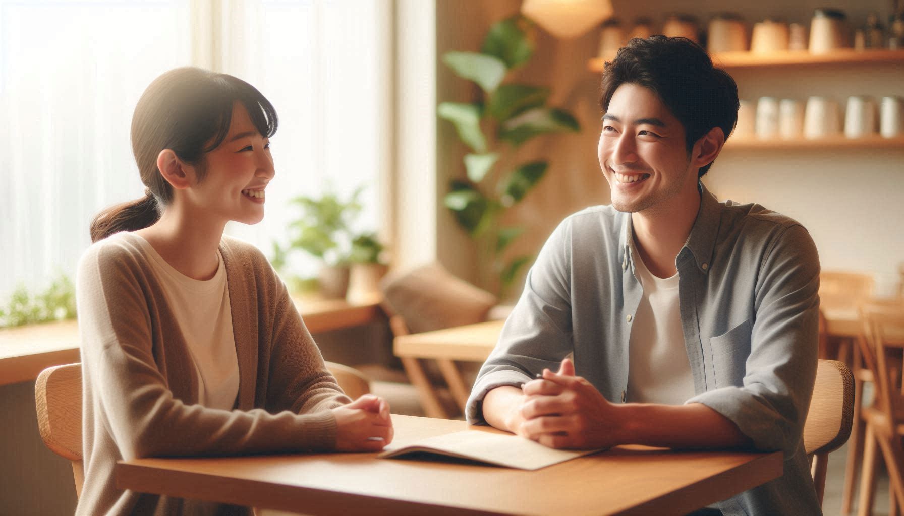 自然に会話を楽しむ男女の安心した雰囲気。