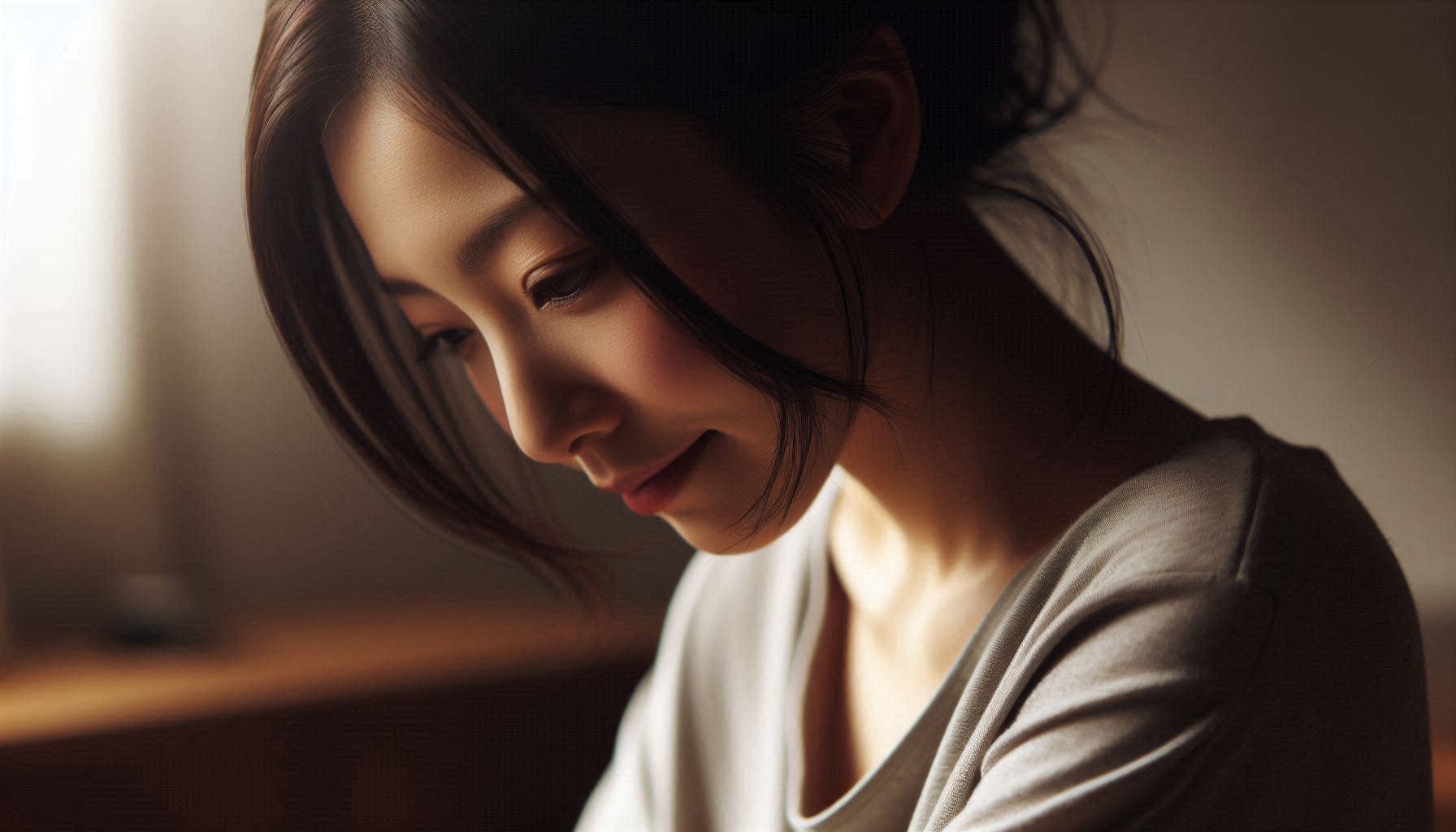 本音を隠しているような表情の女性のイメージ。